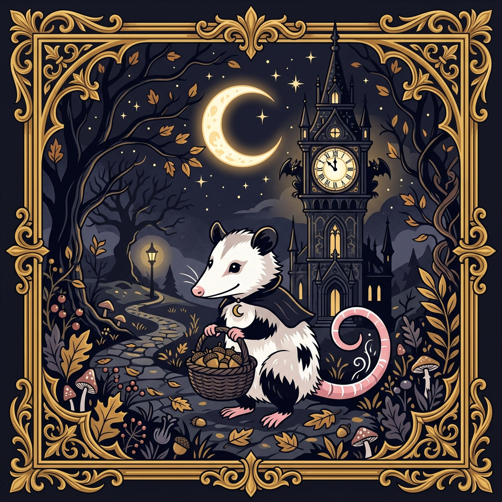 Possum gathering acorns at midnight