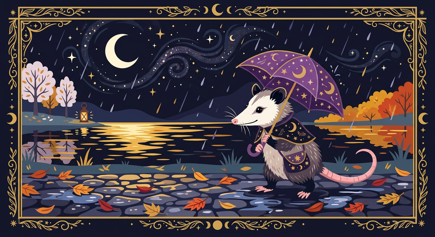 Possum in rain with umbrella by lake